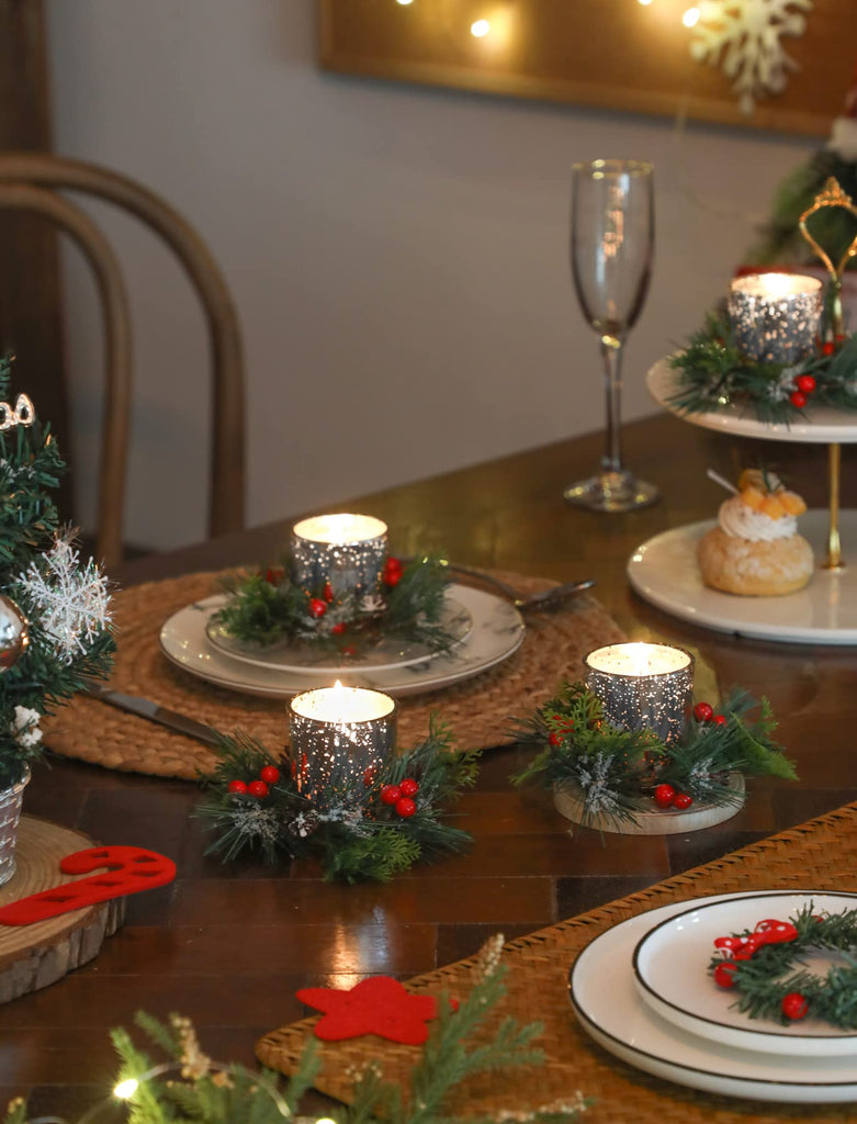 Candle Ring, 4 Pcs Votive Candle with Red Berry Pinecone