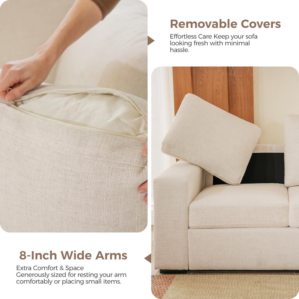 85" Modern Couches, Natural Linen 3 Seat Sofa, Comfy Deep Seat Sofa, Spring Cushions, Removable Cover, Solid Wood