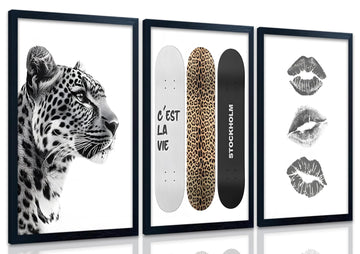 Framed Stockholm Style Canvas Wall Art Set of 3 Black and White Fashion Leopard Print Lips, Preppy Room Aesthetic