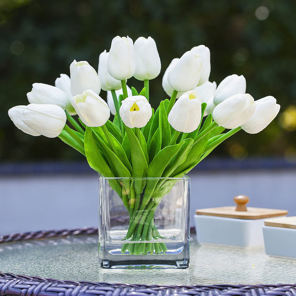20 Pieces Artificial Real Touch Tulips Flower Arrangement in Cube Glass Vase with Faux Water Decoration (White)