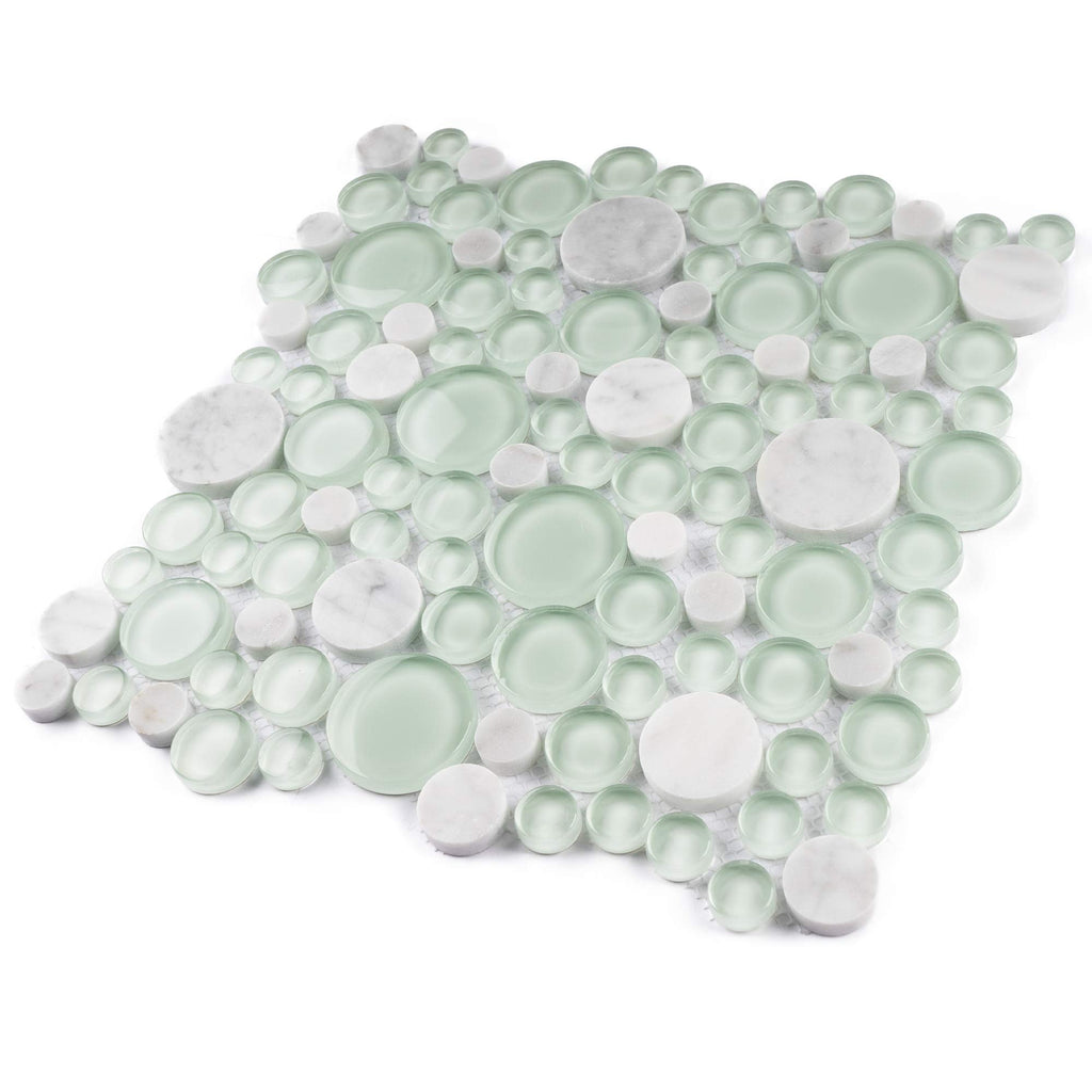 Snow Dove Glass and White Marble Bubbles Mosaic Tile 10.5 x 10.5 in - Frosted and Polished, Mesh-Mounted for