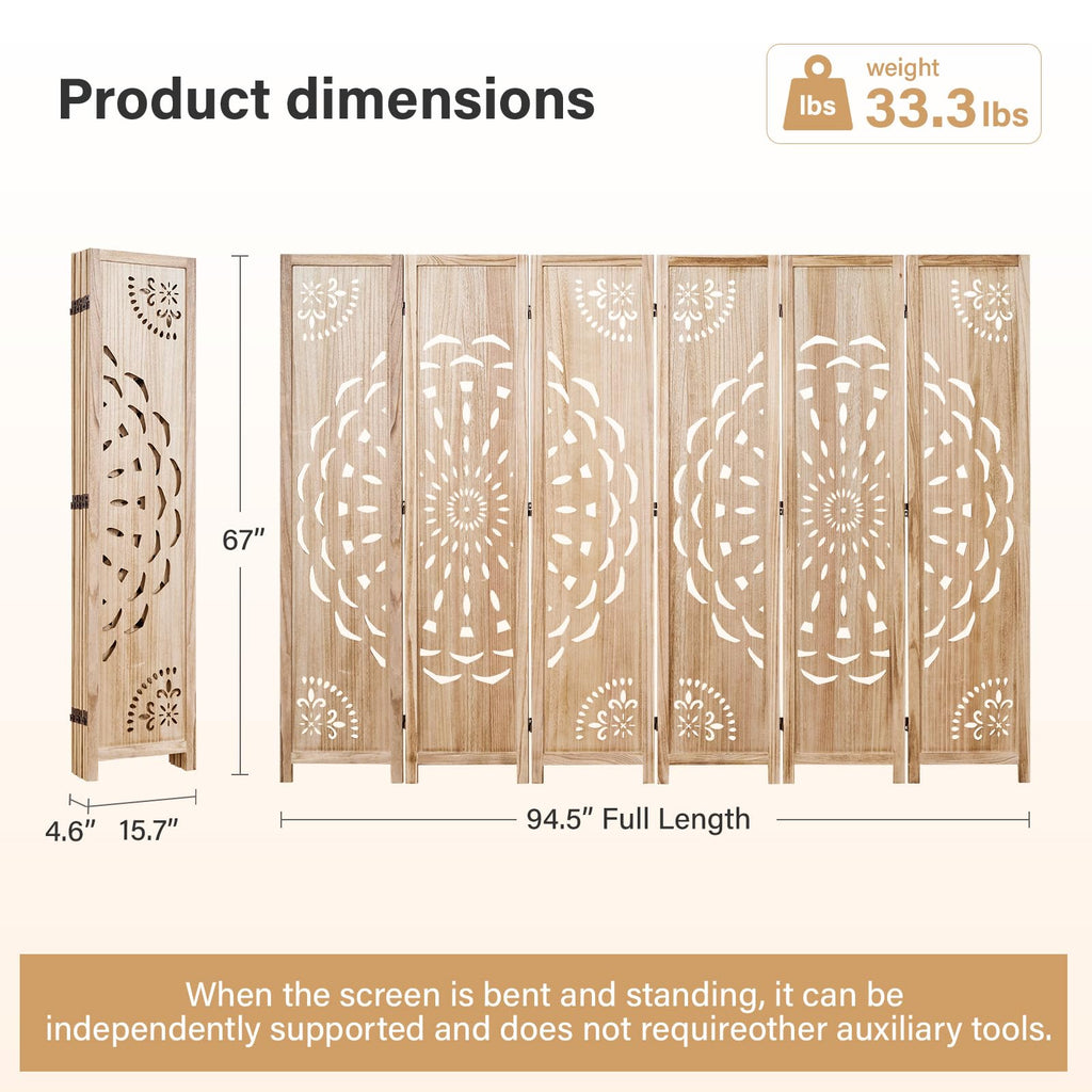 66.9Inch Wooden Room Partition - 6 Panels Boho-Styled Space Room Divider /Office, Headboard & Yoga/Photo/Video Call