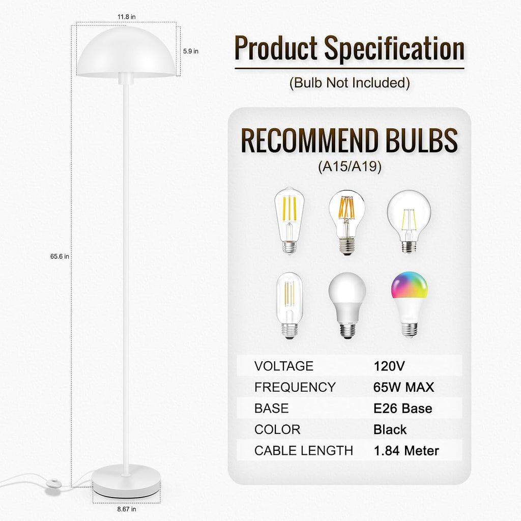 Modern Floor Lamps, White Metal Mushroom Lamp, 66" Tall Corner Lamp, Footswitch, Bright Industrial Standing Lamps