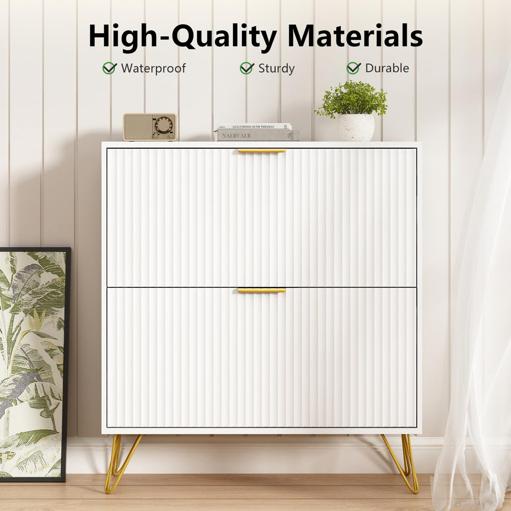 34.4" H Fluted Shoe Storage Cabinet with 2 Flip Drawers, White[Hidden Shoe Cabinet Storage, Narrow Freestanding Shoe