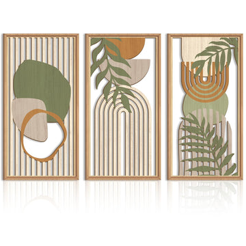Large Boho Mid-Century Modern Wood Wall Art 16x32 Inch Framed Green Abstract Leaf Wooden Wall Decor Bohemian