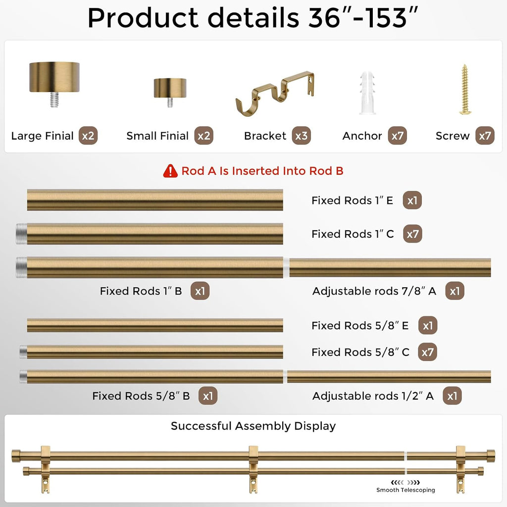 Warm Gold Double Curtain Rod, Brass Extra Long Dual Curtain Rods for Windows, 1 Inch Adjustable Heavy