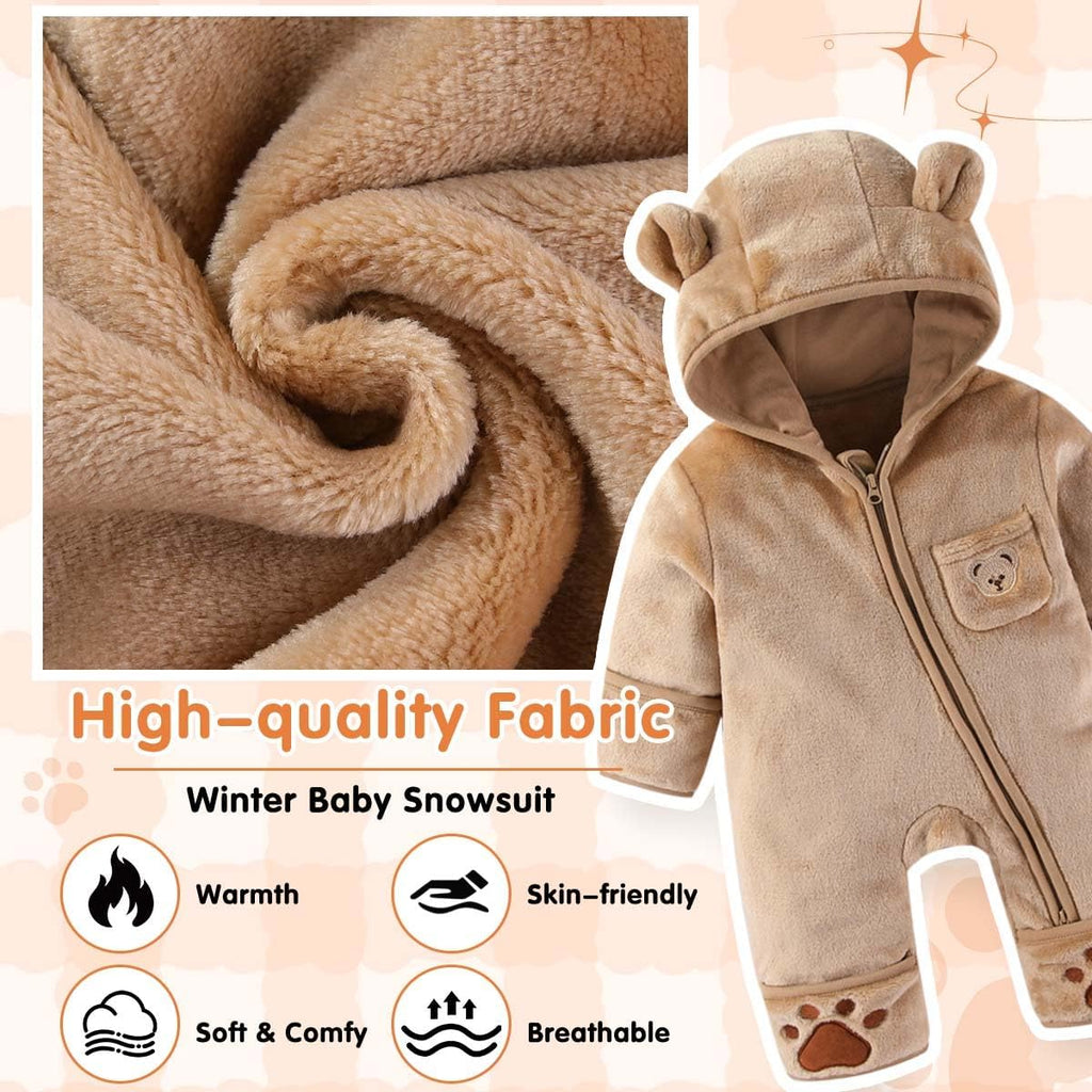 Baby Bear Outfit With Fold-Over Mittens Footies Thin Fleece Romper Hooded Jumpsuit Winter Coat Girls Boys