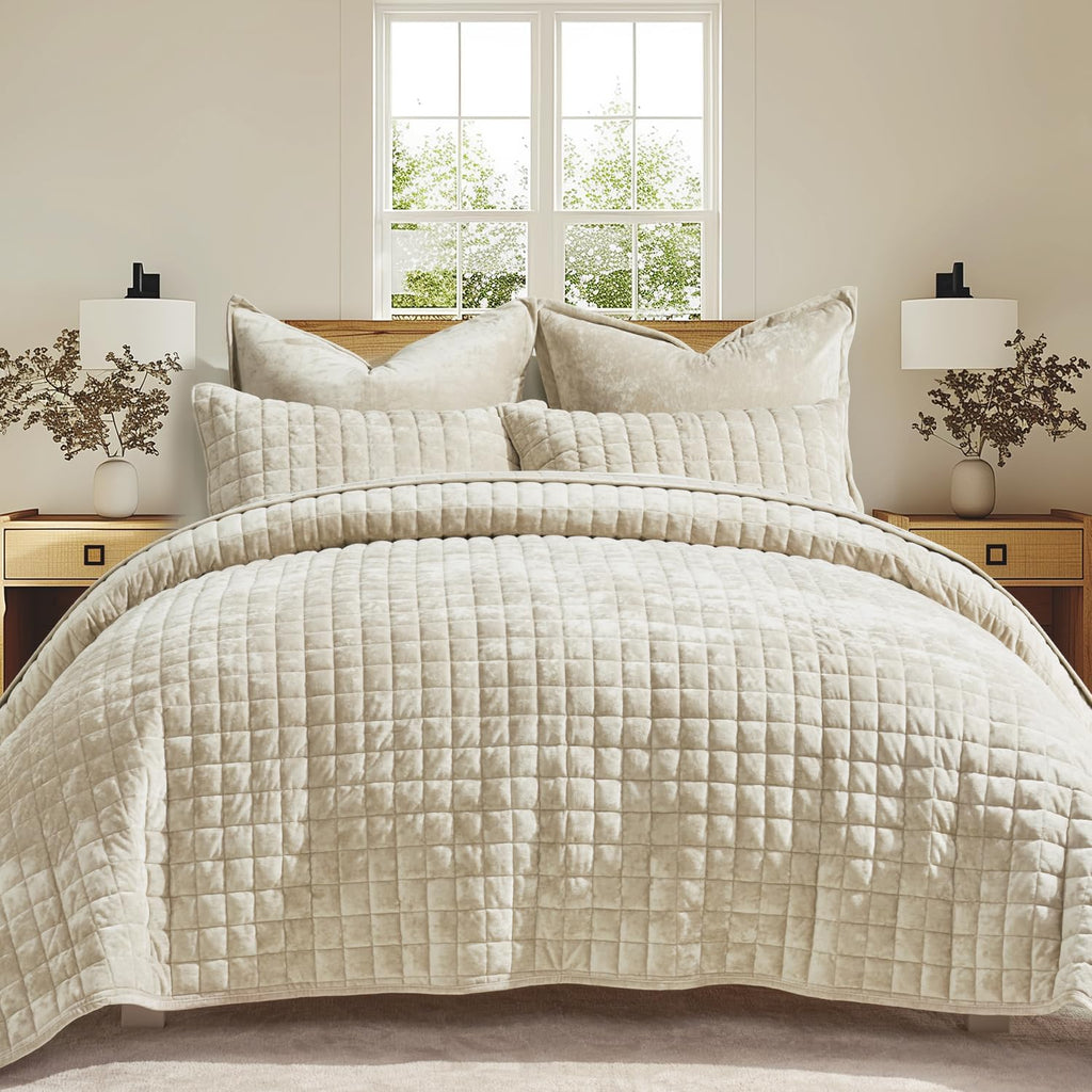 Luxury Velvet Quilt Set Full Queen Bedding Sets, Ultra Soft Velvet Comforter Set, Lightweight Channel Box Stitch