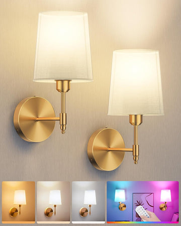 Battery Operated Wall Sconces Set of 2, Wireless Rechargeable Dimmable Wall Light with RGB Bulb and Remote for