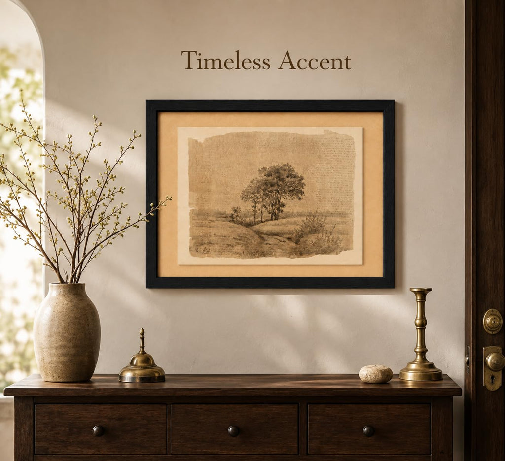 Framed Landscape Sketch Wall Art Rustic Tree Painting Picture Wall Decor Sepia Country Scenery Poster Print Artwork