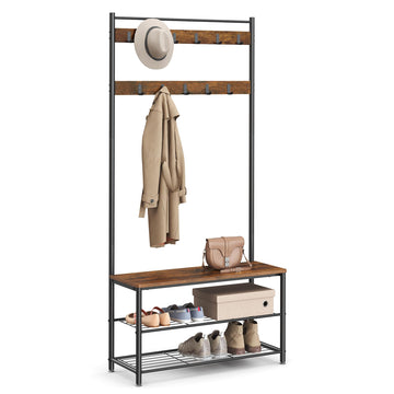 Coat Rack, Hall Tree with Shoe Storage Bench, 3-in-1, Steel Frame