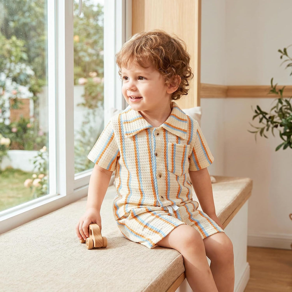 Baby Boy Clothes Toddler Summer Outfits Short Sleeve Striped Button-down T-Shirt Shorts with Pocket