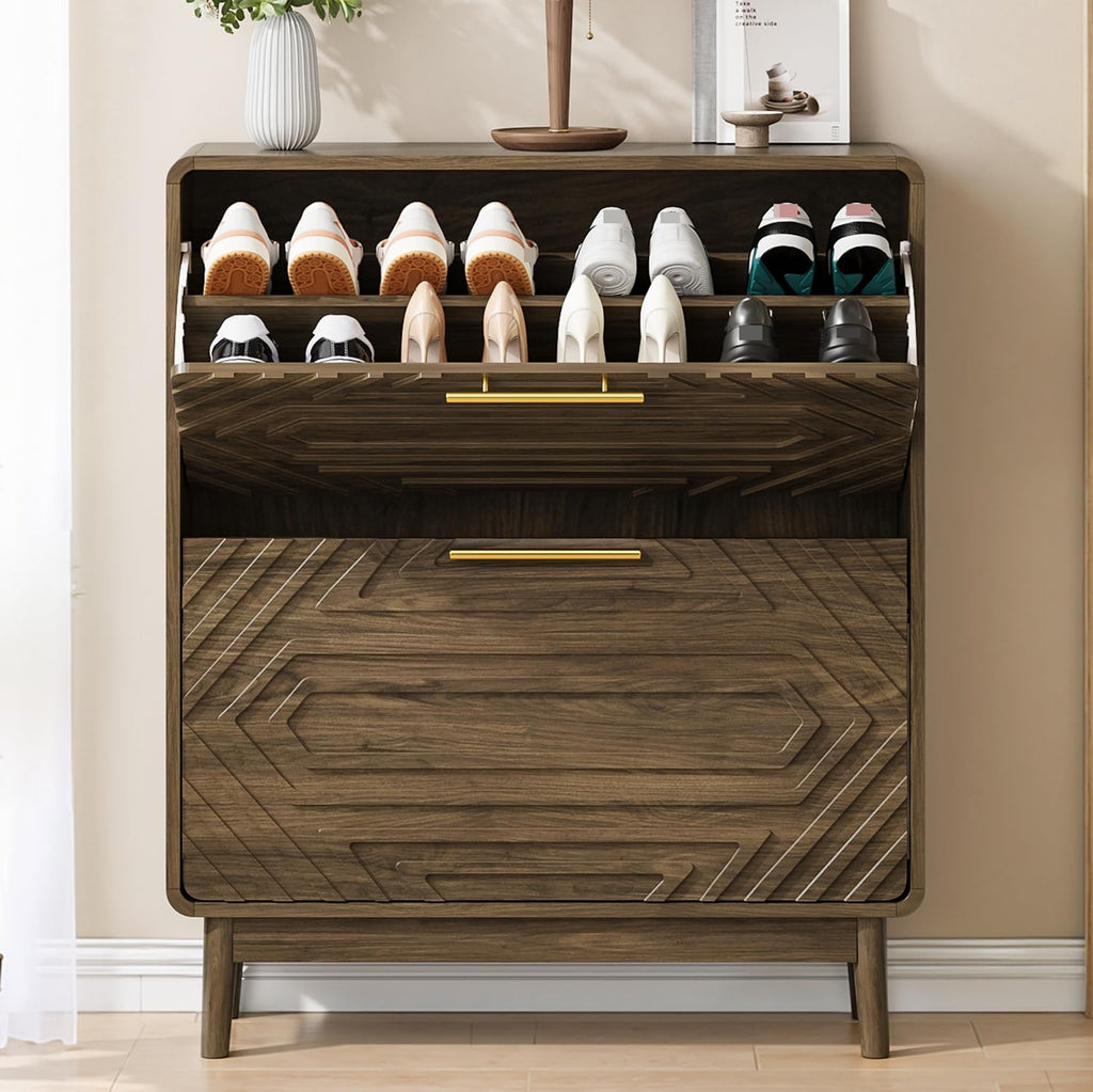 Shoe Cabinet with Fluted Flip Drawers, 31.5" w Narrow Shoe Storage Cabinet, Hidden Freestanding Shoe Organizer Rack