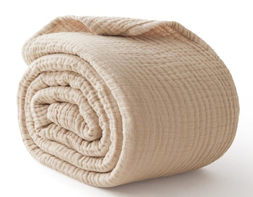 100% Cotton Muslin Blanket for Adults, 6-Layer, 90 x 90, Beige Linen