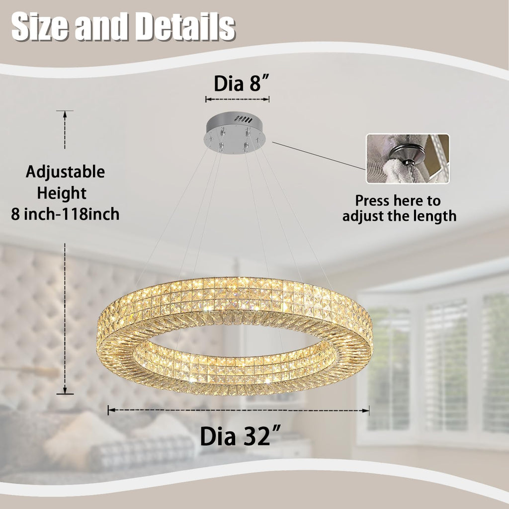 Dia 32" Ring Crystal Chandelier Modern Silver Ring Chandelier Adjustable Height Luxury Crystal Pendant Ceiling Light Fixture for Dining Living Room Bedroom A122-B0CJ57MN6J