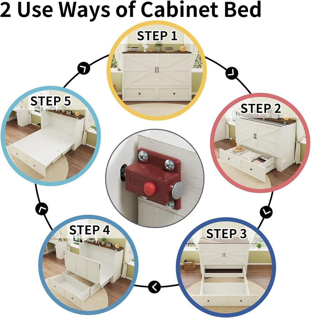 Farmhouse Queen Murphy Bed with Charging Station & Easy Fold-Down - 900lbs Capacity Heavy Duty Murphy Bed Cabinet