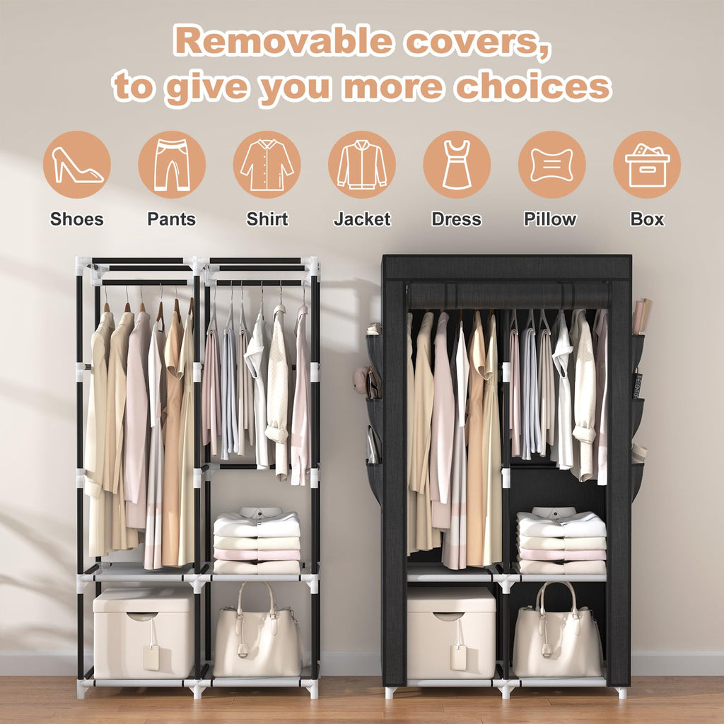 Portable Closet Wardrobe Closet for Hanging Clothes with 4 Storage Shelves, 2 Hanging Rods and 6 Pockets, Stable and