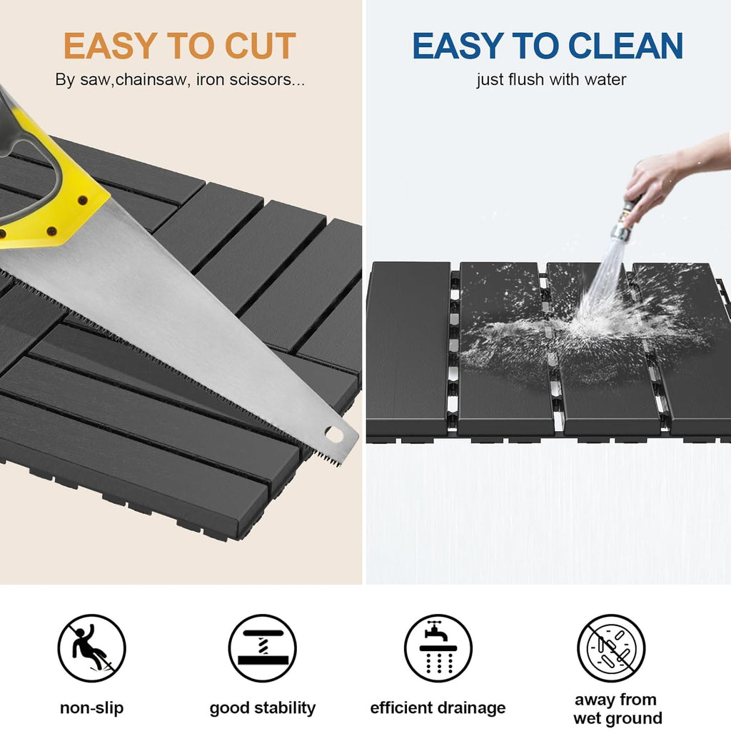 Plastic Interlocking Deck Tiles, 9 Pack , 12"x12" Waterproof Outdoor Flooring All Weather Use, Patio Floor Decking
