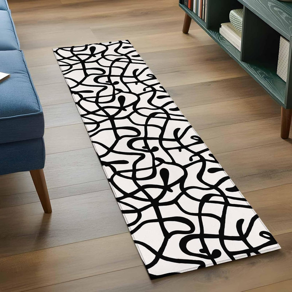 Abstract Line Runner Rug Non Slip 2x6 Retro Black Wave Line Art White Minimalist Washable Rug Runner s Low Pile