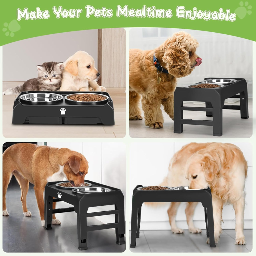 Elevated Bowls with Adjustable Heights - Raised Stand with 2 Stainless Steel Food Bowls, Non-Slip Foldable Feeder