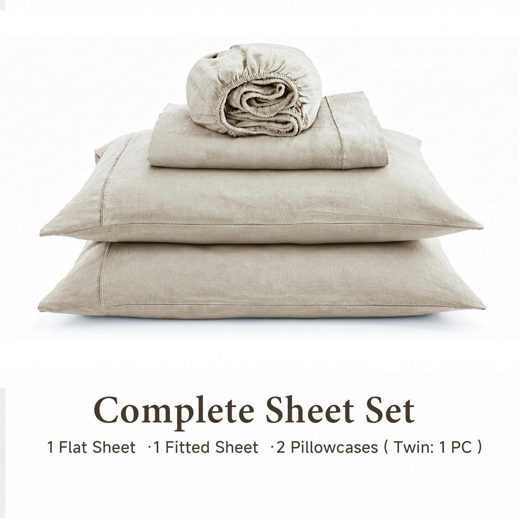 100% French Linen Sheet Set -Pure Natural Flax Bed Sheet-4 Pcs Breathable Ultra Soft Farmhouse Bedding (1