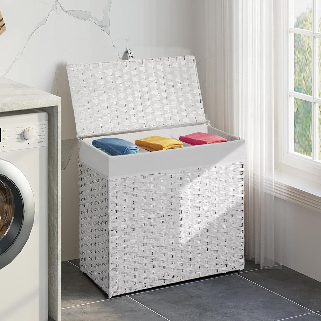 Laundry Hamper with Lid, 125L Large Clothes Hamper with 3 Section & 2 Section Removable Liner Bags & 5 Mesh Laundry