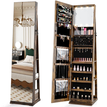 Swivel Jewelry Armoire with Full-Length Mirror & Lighted Makeup Mirror, 360° Rotating Jewelry Cabinet Organizer for