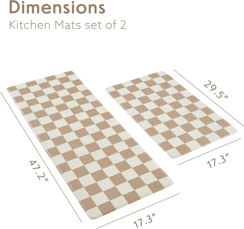 Checkered Kitchen Mats for Floor Set of 2, 2 Pcs Beige Khaki Cushioned Non Slip Runner Rugs /Sink/Laundry, Comfort
