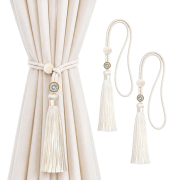 Curtain Tiebacks, Boho Curtain Holdbacks with Tassels, Beige, 2 Pcs