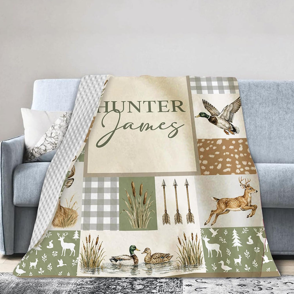 Boy Blanket with Name, Custom Minky Dot Baby Blankets with Hunting Theme, Soft Plush Crib Blanket Decor