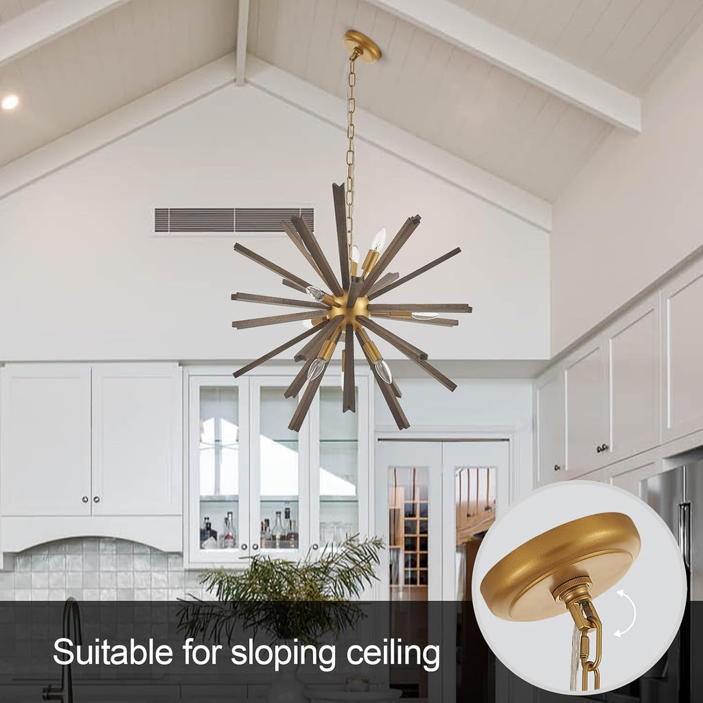 9-Light Wood Sputnik Chandelier for Entryway, Gold Dining Room Light Fixture, Farmhouse Pendant Light Fixture for