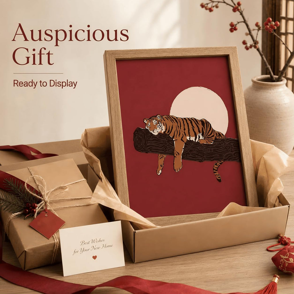 Japanese Sleeping Tiger Framed Wall Art Bold Red Amber Wildlife art