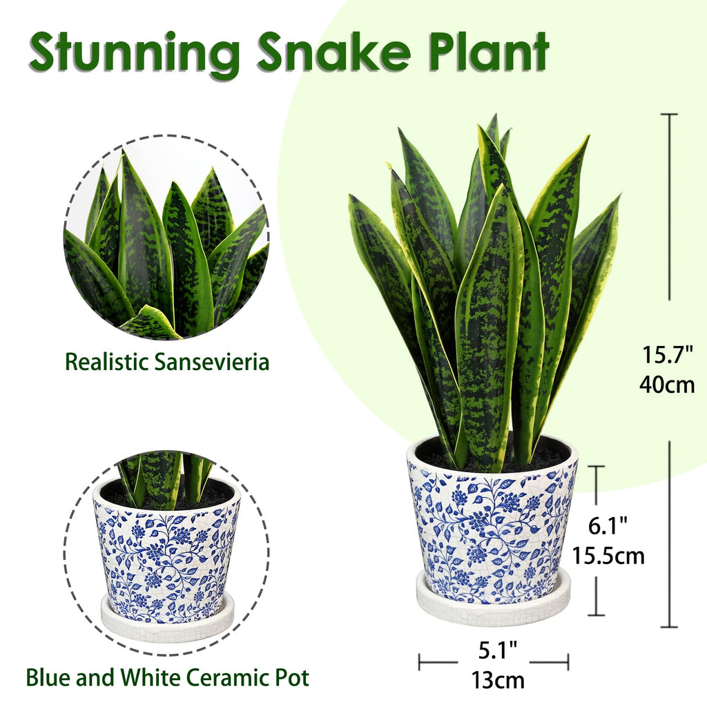 Fake Plants 15.7" Artificial Snake Plant Faux Plants in Blue and White Pot Tropical Sansevieria Silk Plant Fake