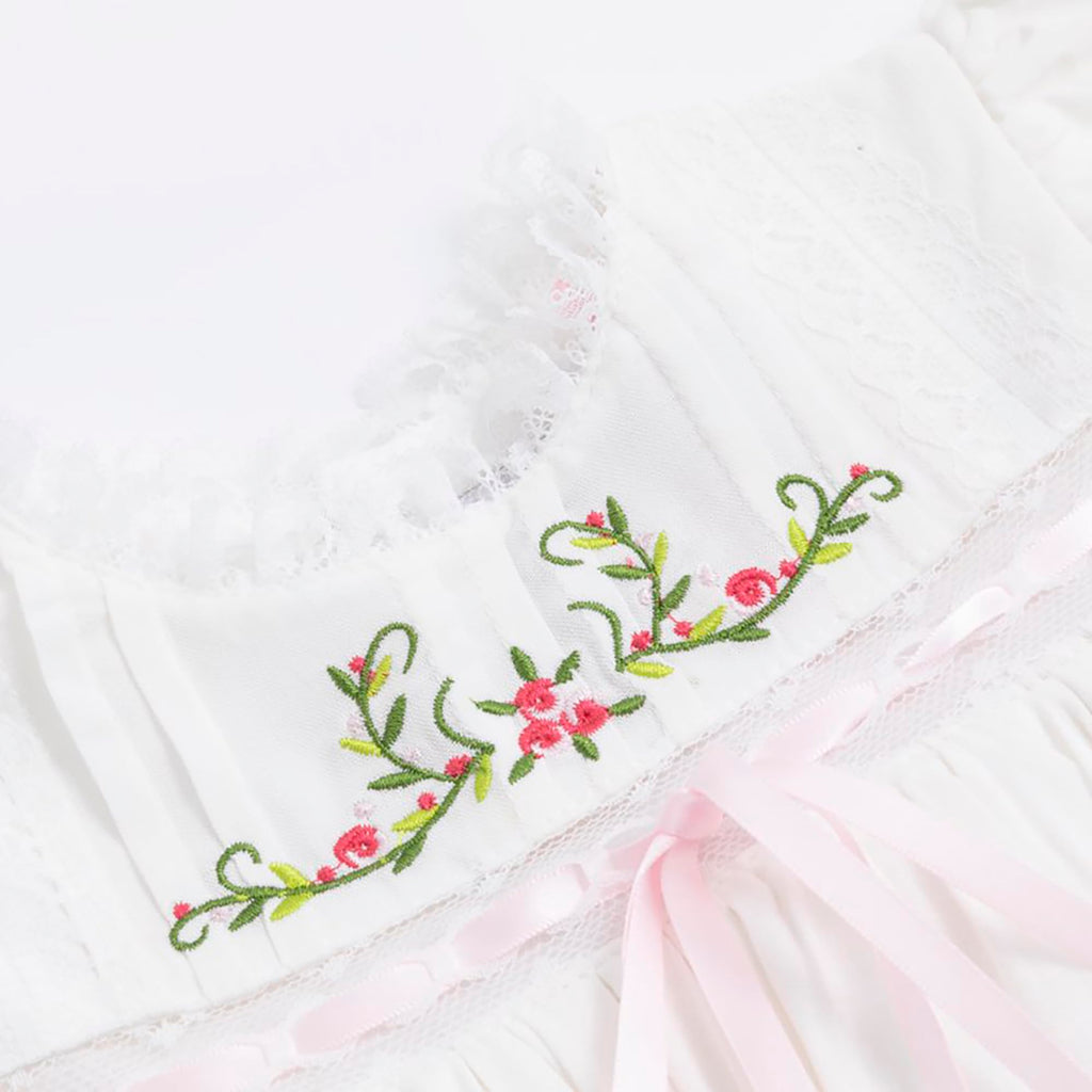 Girl Dress, Embroidered Floral Heirloom, Lace Crew Collar, Puff Sleeve, Cotton Kids Casual Clothing Pink