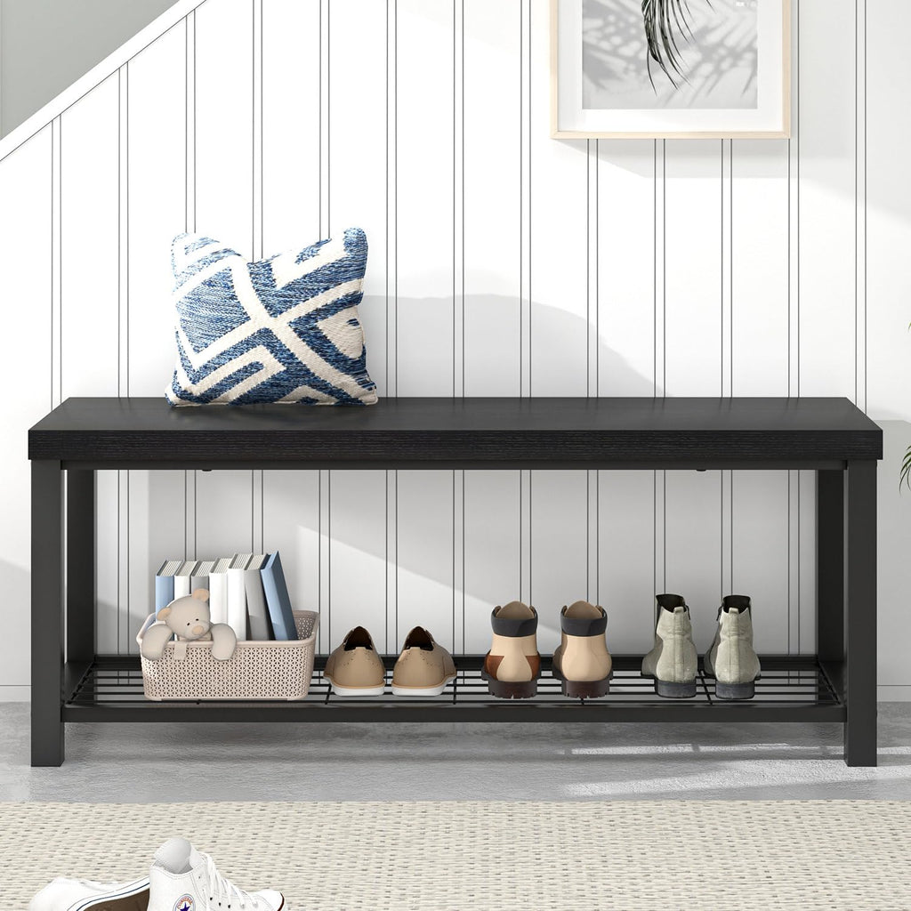 Entryway Bench, Modern Wood and Metal Storage Bench Front Door Entrance, Industrial Indoor Shoe Rack Bench Seat