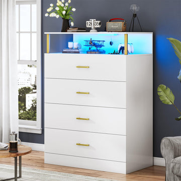 White Dresser with Column Design, 4 Drawer Dresser with Charging Station, Modern Bedroom Led Tall Dresser Closet