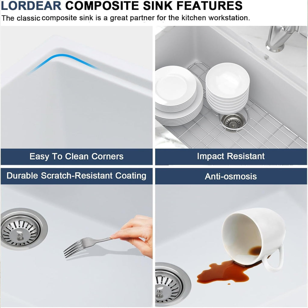 33 Inch White Kitchen Sink Undermount Composite Granite Quartz Single Bowl Workstation 33x19x10 Inch Under Counter
