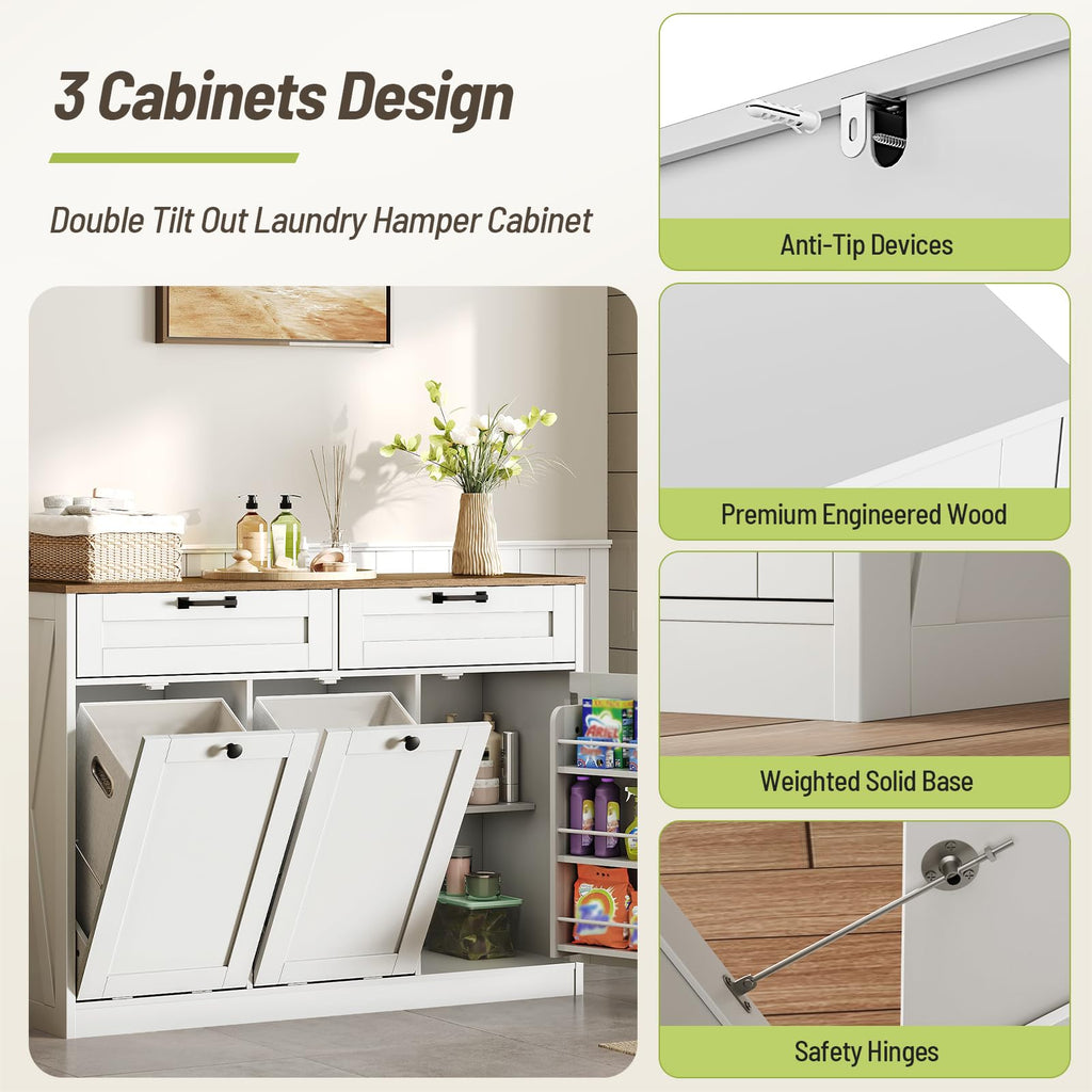 Double Tilt Out Laundry Hamper Cabinet, 43.3" Laundry Cabinet with 2 Removable Baskets, Farmhouse Wooden Hidden Trash