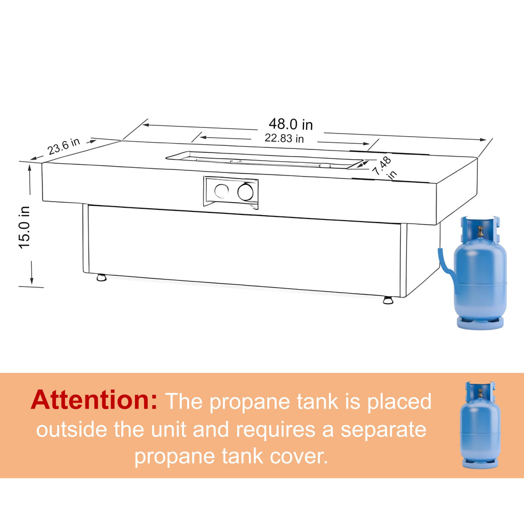48 Inch Rectangular Outdoor Propane Gas Fire Pit Table, 50, 000 BTU