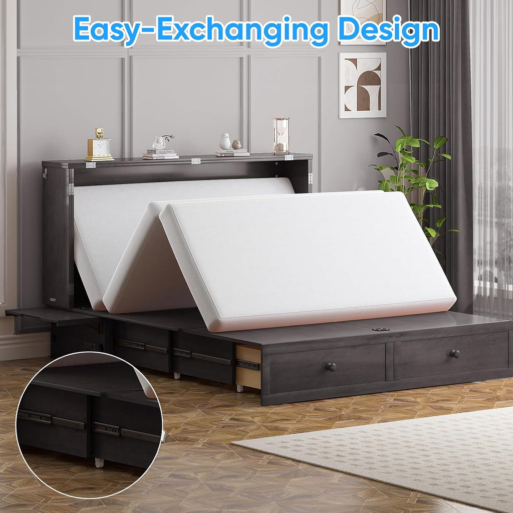 Murphy Bed Queen with Mattress Included, Hideaway Wallbed Cabinet Bed with 2 Storage Drawers, USB Charging Ports &