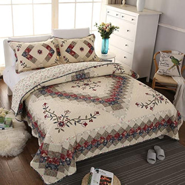 Beige Floral Embroidered Quilt Set 100% Cotton Ethnic Patchwork Bedspread Coverlet Country Rustic