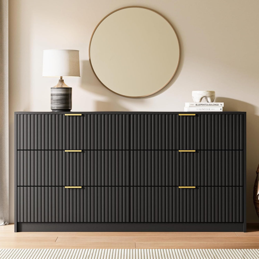 55" Wide Fluted 6-Drawer Double Dresser, Black