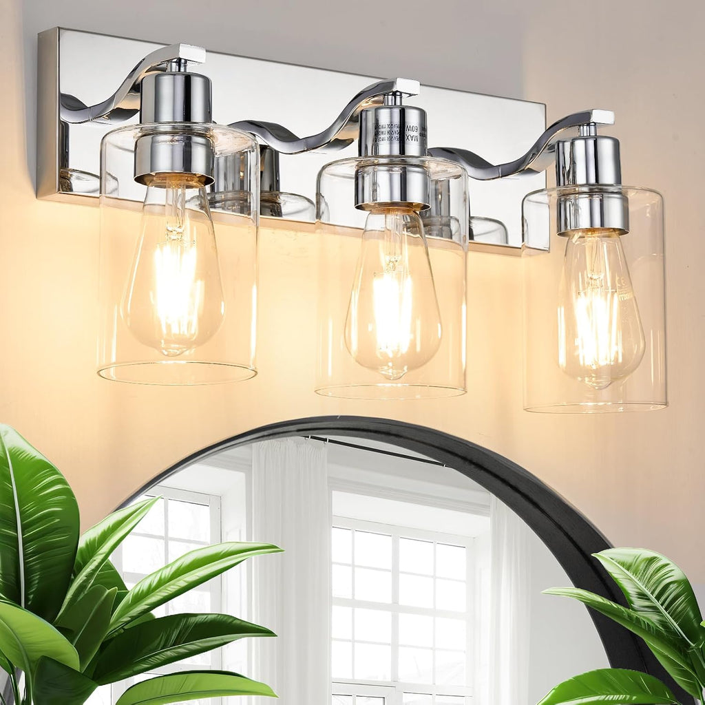 3 Lights Bathroom Light Fixtures Chrome Vanity Light with Clear Glass Shade 18in Modern Bathroom Lighting Fixtures