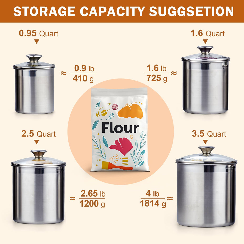 Classic Stainless Steel Food Jar Storage Canister Set Medium, Airtight Containers with Glass Lid for Tea Coffee Sugar