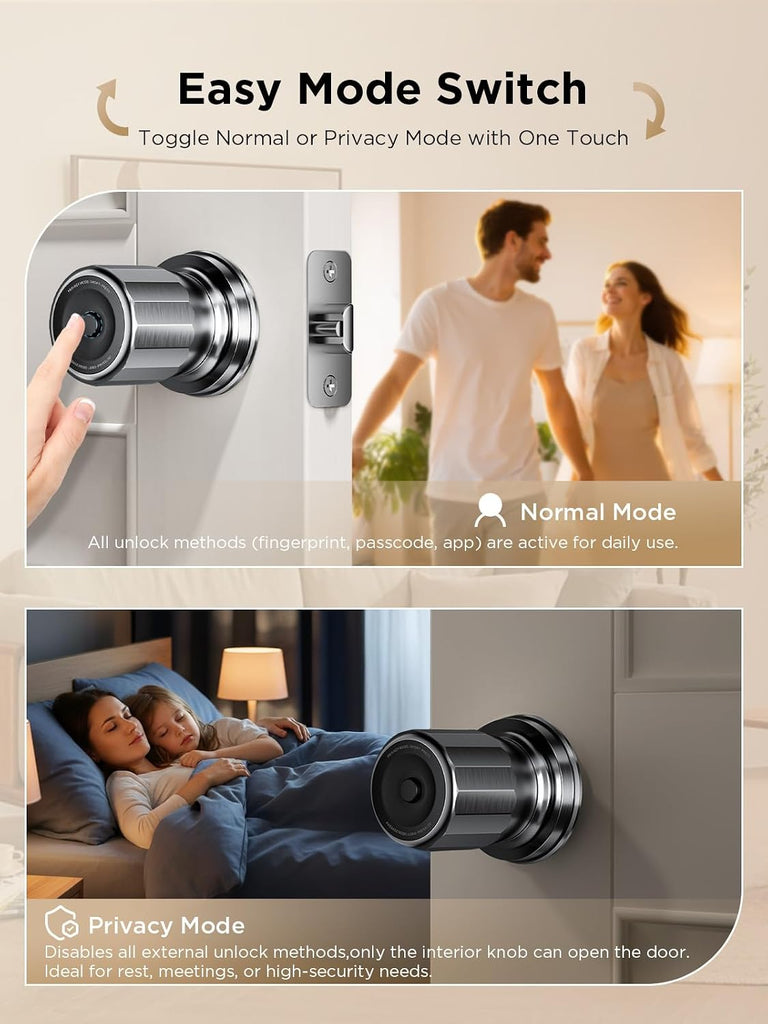 Fingerprint Smart Door Knob, 0.3s Biometric Keyless Entry, 4-in-1 Access with App Control & Passcode, Auto-Lock
