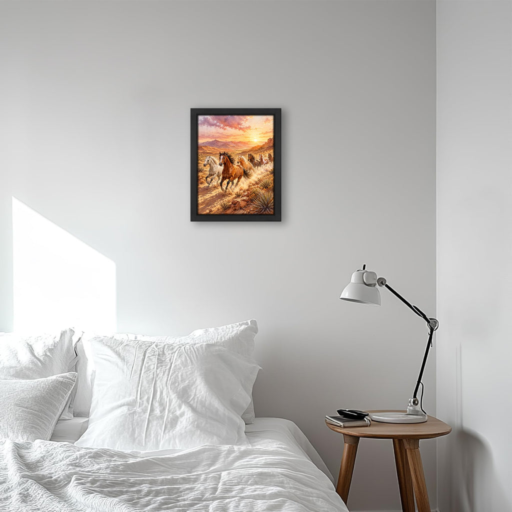 Running Horses Decor Wall Art, Western Sunset Landscape Picture 16"x20"