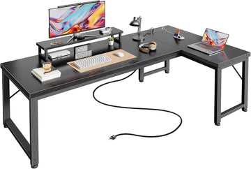 53" L Shaped Computer Desk, Power Outlets, Monitor Stand, Black | USB-C Ports, Reversible Charging Station, Spacious