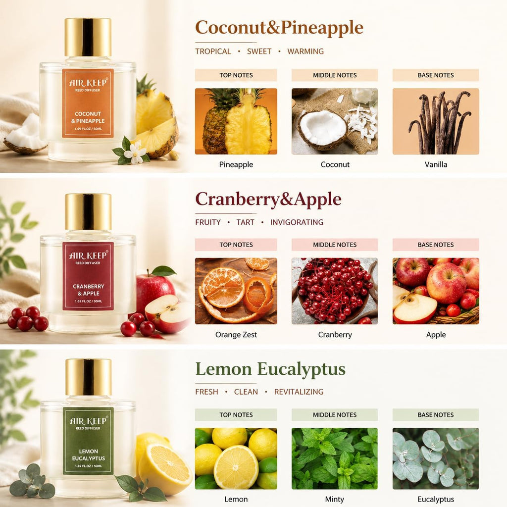 Reed Diffuser, Coconut Pineapple Lemon Eucalyptus Cranberry Apple Oil Reed Diffusers Living Room Office - Set of 3