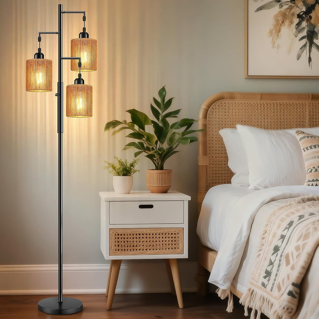 72" Boho Rattan Tree Floor Lamp, Tall Dimmable Industrial Standing Lamp, Corner Decor Accent Lighting, Cafe (3 x
