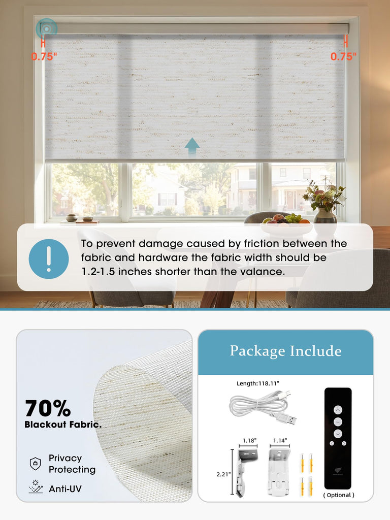 Motorized Smart Roller Shades, 70% Blackout Linen White